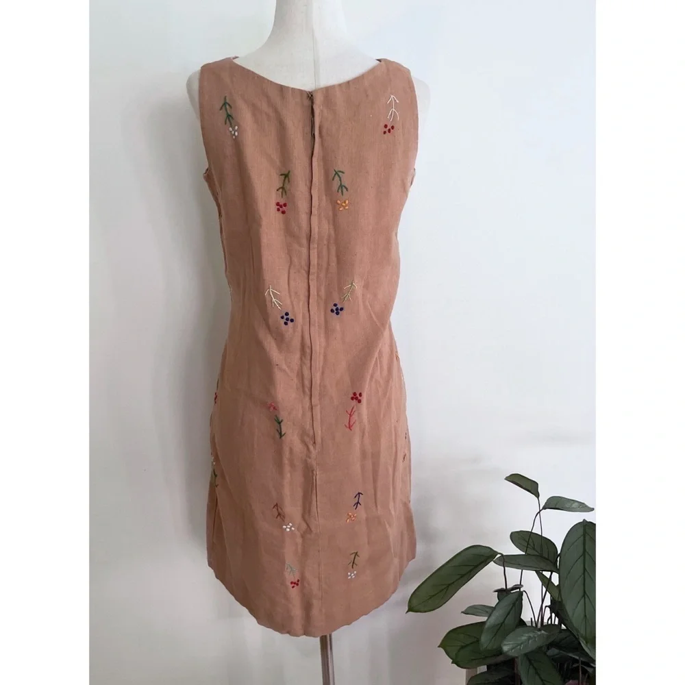 Vintage 60’s 70’s Hand Stitch Embroidery Floral Colorful Garden Sheath Tan Dress - Picture 14 of 15